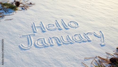 Hello January written in fresh white snow with pine cones and needles.