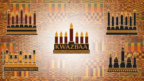 Kwanzaa Celebration with Kinara and Candles on Traditional African Kente Cloth Background.