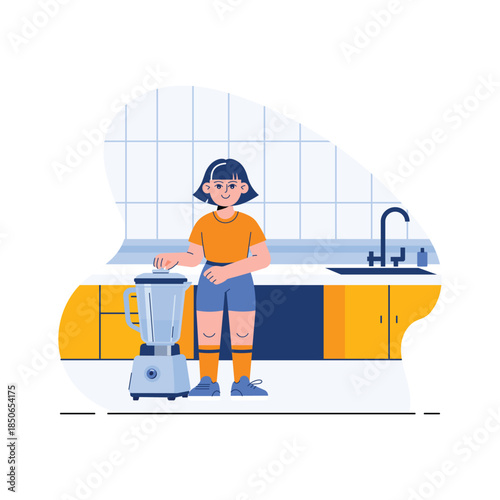 Flat illustration of a woman making healthy smoothie for nutrition and fitness lifestyle