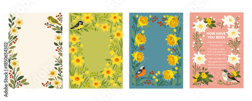 水仙と小鳥(水仙、ブルボコディウム、メジロ、シジュウカラ、ジョウビタキ、ツグミ)のフレームカードセット 、Daffodils and Small Birds Frame Card Set
(Daffodils, Hoop Petticoat Daffodils, Japanese White-eye, Tit, Daurian Redstart, Thrush)
