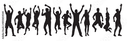 diverse group of people jumping with arms raised