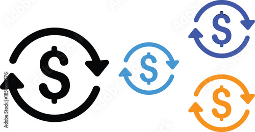 Multicolor dollar sign circulation icon set, financial transaction and currency exchange concept graphic in black, blue, and orange