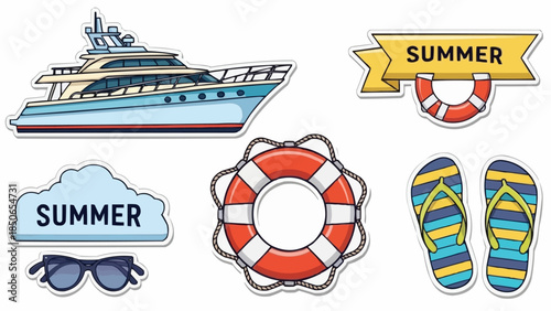 Summer vacation icons including a yacht life preserver flip flops and sunglasses.