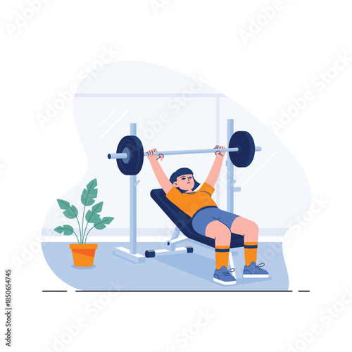 A trendy flat illustration of a woman lifting barbell on bench press