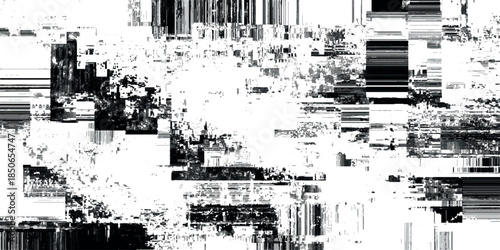 Monochromatic abstract glitch grunge featuring intense static noise featuring horizontal streaks of black, white, and varying shades of gray.