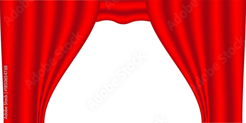 A classic illustration of red velvet theater curtains parted in the center revealing a white background