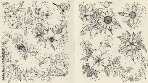 Elegant Floral Illustrations Hand Drawn Botanical Elements Collection.
