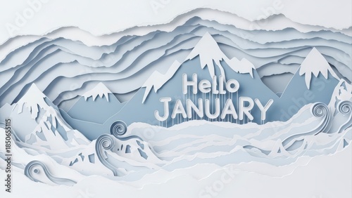Hello January text in paper cut winter mountain landscape.