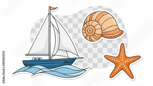 Sailboat on the waves with seashell and starfish.