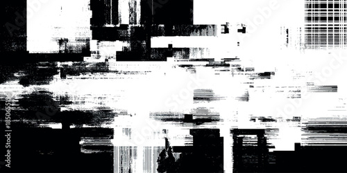 Monochromatic abstract glitch grunge featuring intense static noise featuring horizontal streaks of black, white, and varying shades of gray.