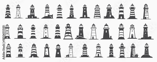 lighthouse silhouette icons set logo black beacon light
