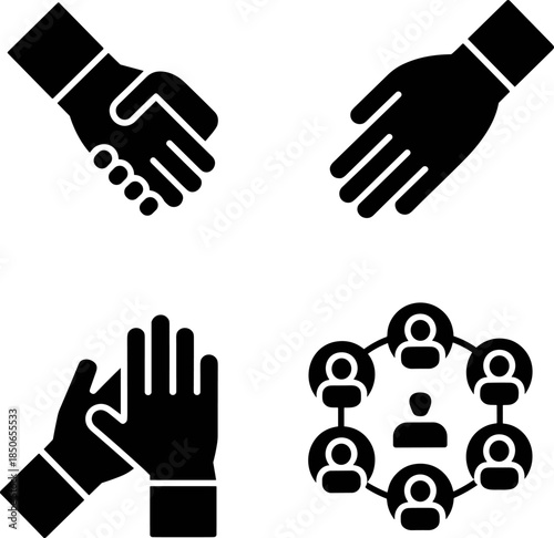 Collaboration and Teamwork Glyph Icons Set: Handshake, Business Partnership Agreement, Clapping Hands, Social Network Diagram, Communication Vector