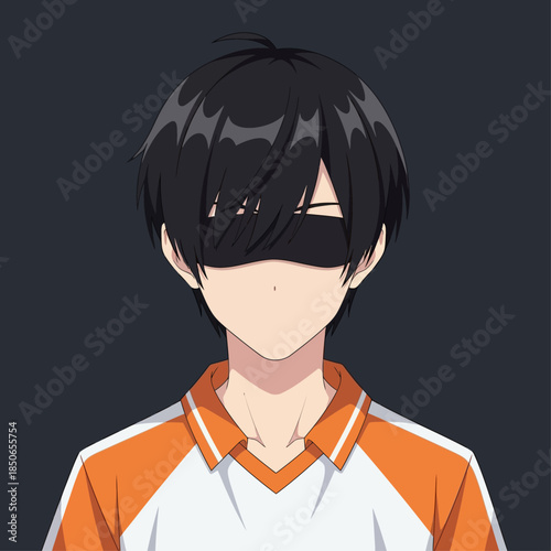 a faceless young male character with short black hair and sharp bangs