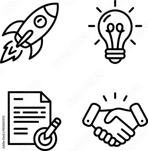 Outline Business Success Icons: Startup Rocket Launch, Creative Lightbulb Idea, Signed Contract Document, and Handshake Partnership Agreement Vector Illustration for UI/UX Design.