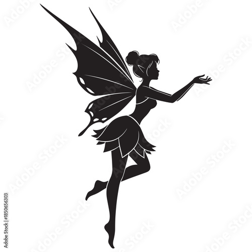 Black vector illustration of a graceful fairy ballerina silhouette, a fashion model lady in a dancing pose with an elegant hair outline and beautiful body shape