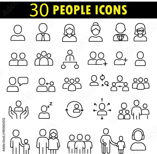 People Icons Vector Set Representing Human Characters, Social Interaction Figures, Community Roles and Everyday Lifestyle Concepts