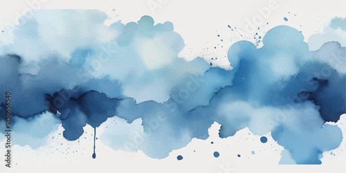Abstract watercolor blue sky with white fluffy clouds, bright summer atmosphere