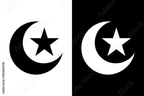Black Crescent Moon and Star Icon Silhouette, Islamic Symbol Vector on White Background
