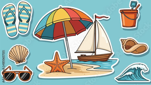 Beach Vacation Scene with Umbrella Sailboat and Accessories.