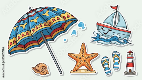 Summer Beach Vacation Elements Collection With Umbrella Starfish Boat And Lighthouse.