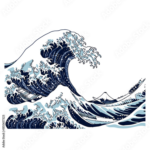 Traditional Japanese Great Wave Art with Mount Fuji in the Background, Ukiyo-e Style Vector Illustration