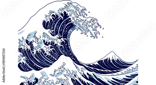 Iconic Japanese Great Wave Illustration with Distant Mount Fuji in Ukiyo-e Woodblock Print Style