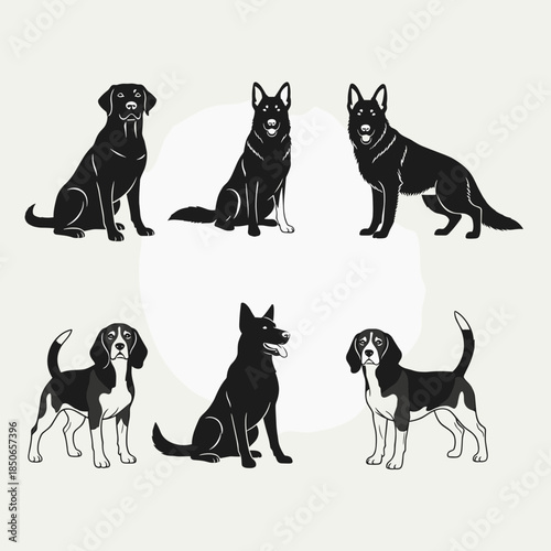 Set of Various Dog Breed Silhouettes Including Labrador, German Shepherd, and Beagle in Different Poses