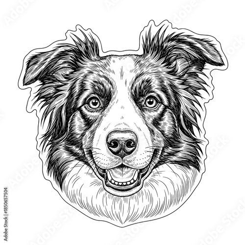 Highly Detailed Black and White Sketch Portrait of a Happy Border Collie Dog Head