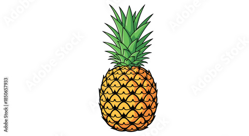 Colorful illustration of a whole pineapple with vibrant green leaves and a yellow textured skin isolated on a white background.
