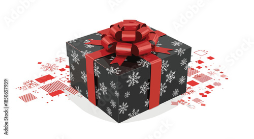 Elegant black gift box decorated with white snowflakes and tied with a large red satin ribbon for a festive holiday celebration.