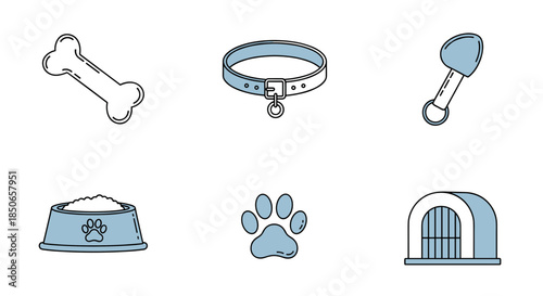 Set of vector icons for dog care and pets, including food bowl, collar, bone, paw print, and dog house.