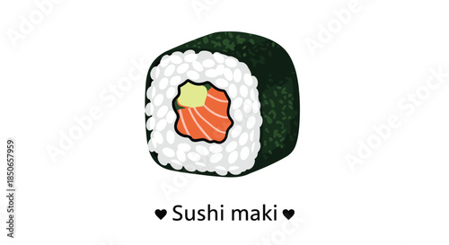 Delicious sushi maki roll with salmon, avocado, and rice wrapped in seaweed presented as a cute cartoon illustration with text.
