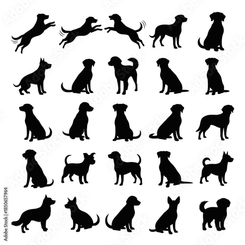 Collection of diverse dog silhouettes in various poses, vector icons for pet-related designs and animal themes.
