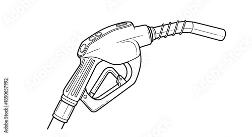 Minimalist black and white line art illustration of a fuel pump nozzle used for dispensing gasoline at a service station or garage.