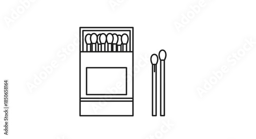 Simple black and white line art illustration of a matchbox containing several matches with two individual matchsticks standing beside it.