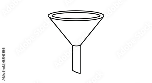 Minimalist line art illustration of a laboratory or kitchen funnel used for transferring liquids or powders into small containers.