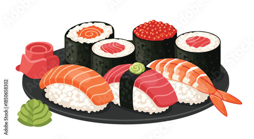 Mouth-watering platter of assorted sushi including nigiri and rolls served with a side of wasabi and pickled ginger for a complete meal.