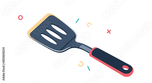 Stylish illustration of a kitchen spatula with a dark blue head and a red-tipped handle surrounded by decorative abstract elements.