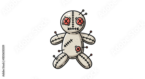 Quirky cartoon illustration of a voodoo doll made of fabric with stitched eyes, patches, and several pins stuck into its body.