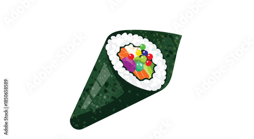 Hand-rolled temaki sushi cone filled with rice, colorful fish, and vegetables wrapped in a dark green sheet of crispy nori seaweed.