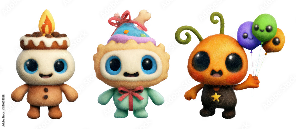 Fototapeta premium Adorable Plush Trio of Celebration-Themed Mascots in Artful Style