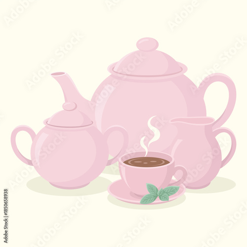 Cute ceramic teapot, a cup of hot tea with saucer and mint sprig, sugar bowl and milk jar. Tea time set vector illustration.