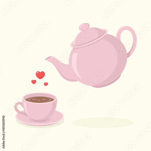 Cute ceramic teapot, little hearts and a cup of tea with saucer. Tea time set vector illustration.
