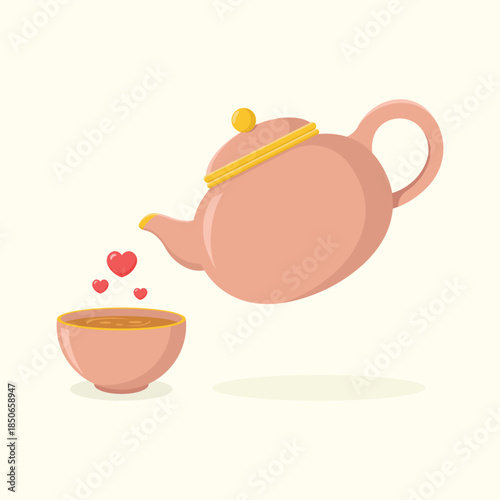 Cute ceramic teapot, little hearts and a cup of tea with saucer. Tea time set vector illustration.