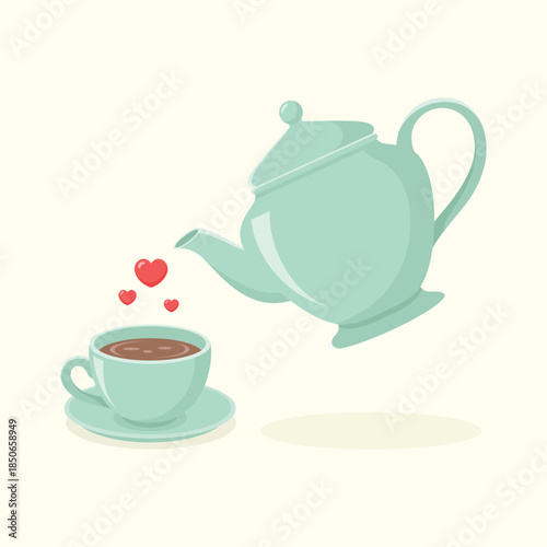 Cute ceramic teapot, little hearts and a cup of tea with saucer. Tea time set vector illustration.