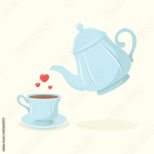 Cute ceramic teapot, little hearts and a cup of tea with saucer. Tea time set vector illustration.