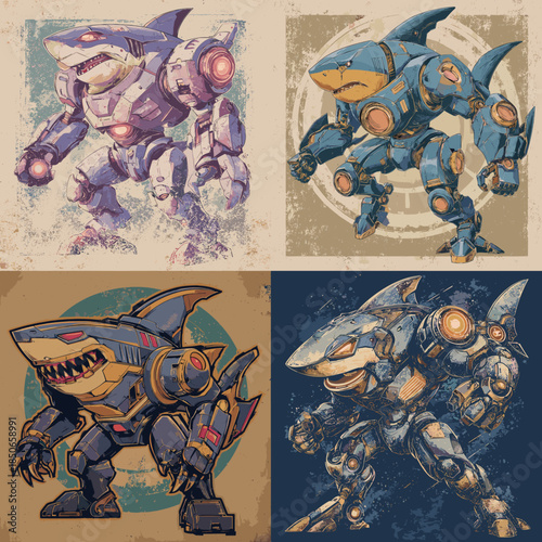 Futuristic robotic shark characters illustrated in dynamic poses combining mechanical armor and aquatic predator forms for science fiction games and powerful mascot designs.