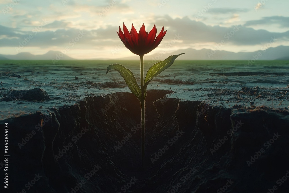 Fototapeta premium Single red flower blooming from a deep earth crack at sunset