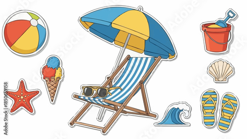 Beach Vacation Scene with Deck Chair Umbrella and Accessories.