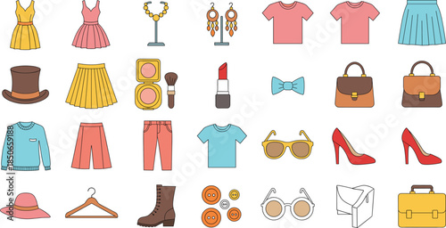 Large vector icon set for fashion and beauty featuring women's apparel dresses handbags high heels jewelry and makeup accessories for retail and lifestyle branding